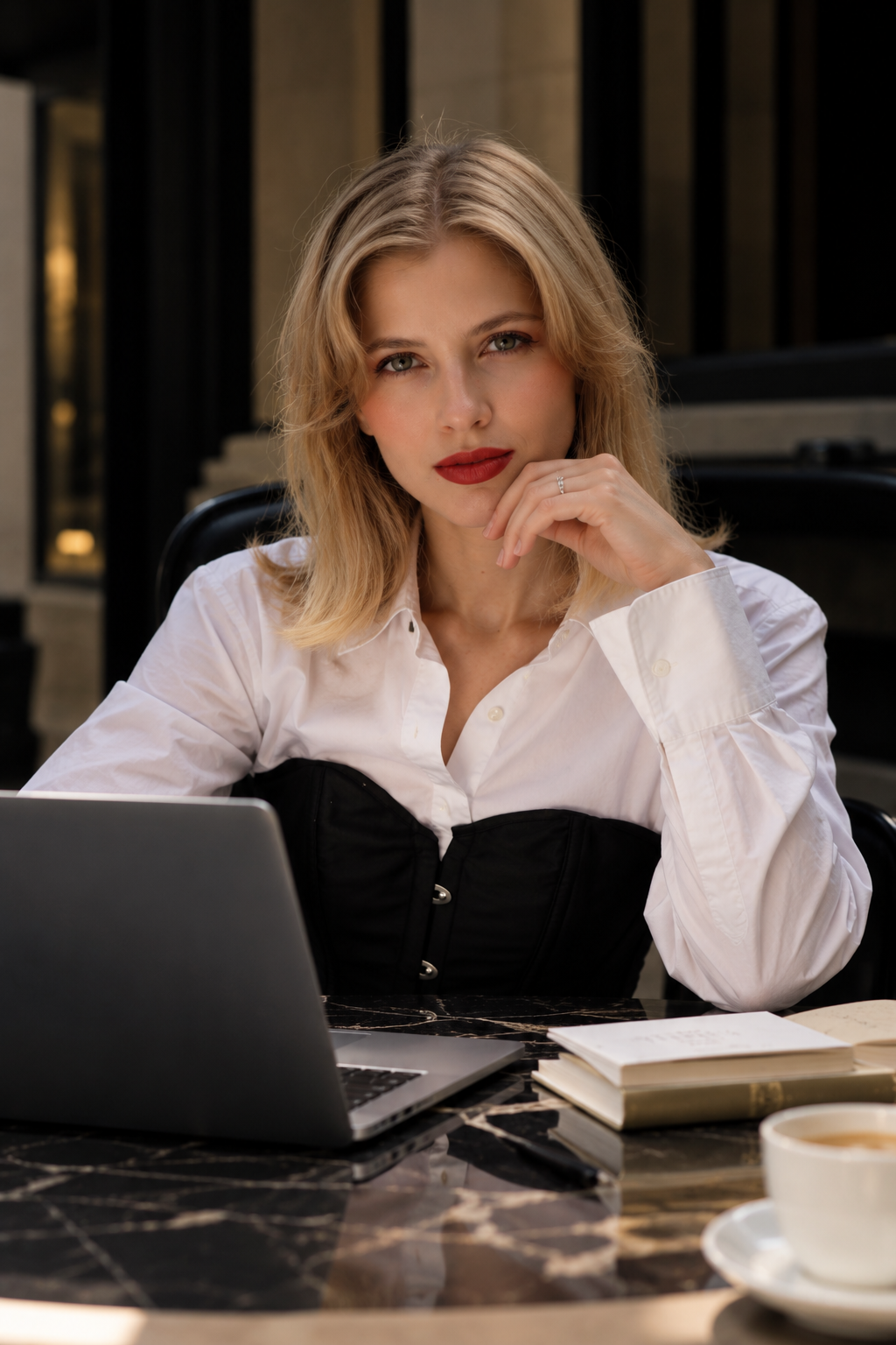 Julia at a marble café table with a laptop, white shirt and red lips