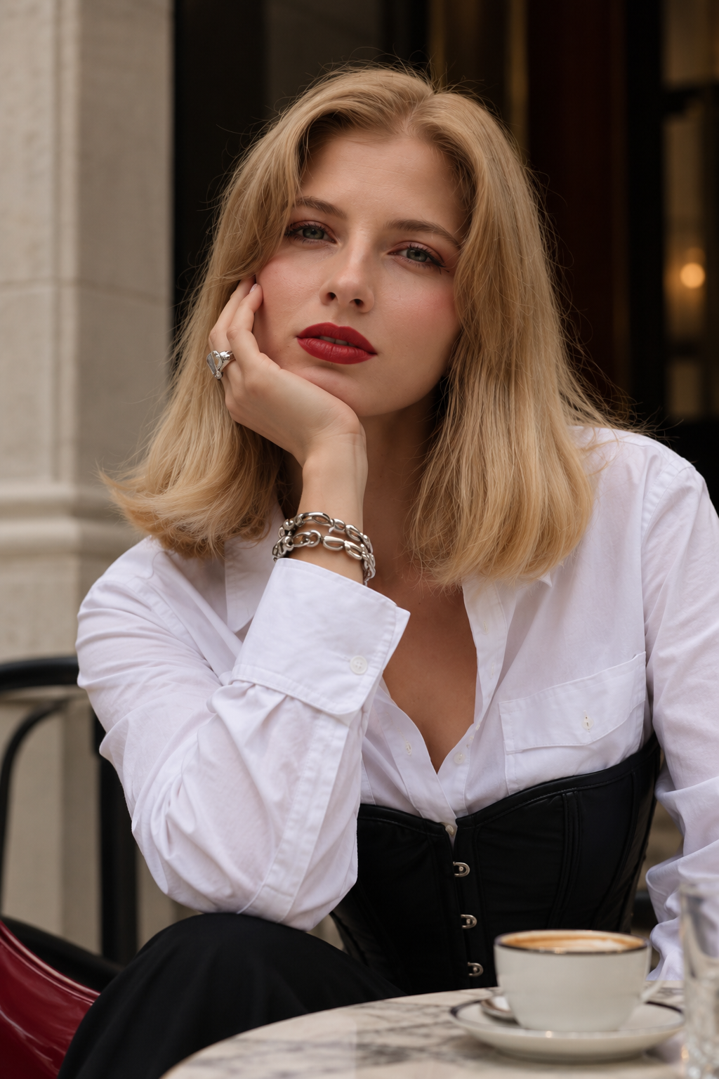 Julia resting her chin on her hand at a café, silver bracelets